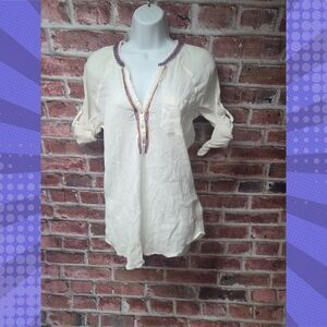 Women’s Nine West Imogene Boho Blouse White Cotton M NWT Made in India‎